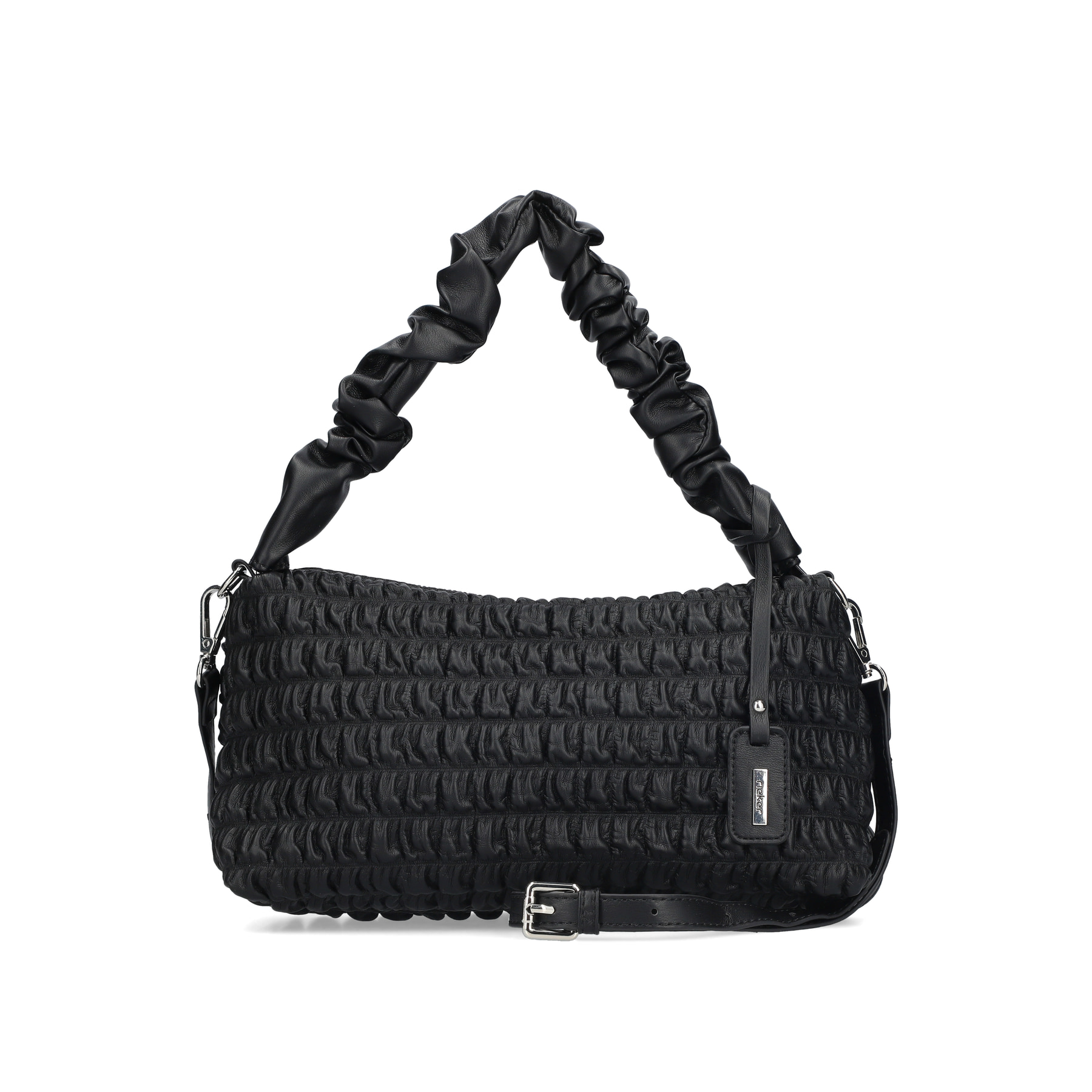 Rieker Handtasche H1653-00 in Schwarz mit gesteppter Optik, Reißverschluss und abnehmbarem langen Riemen. Vorderseite.