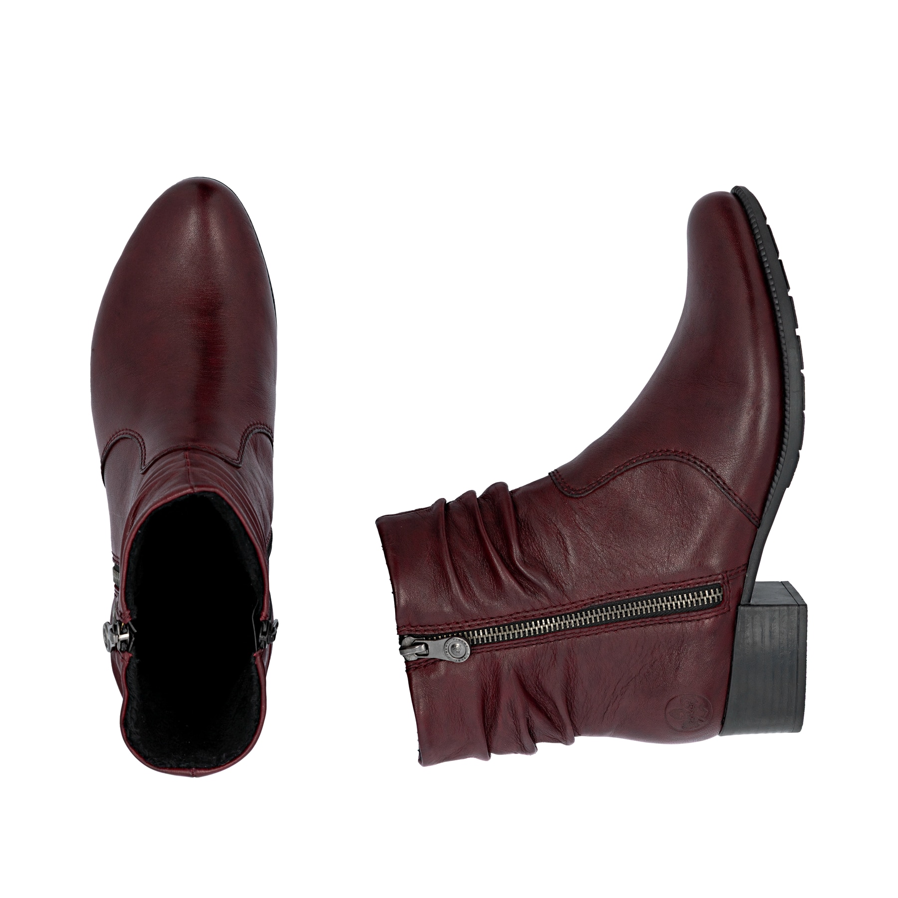 Rote Rieker Damen Stiefeletten 78656-35 aus Glattleder mit einem Reißverschluss. Schuh von oben, liegend.