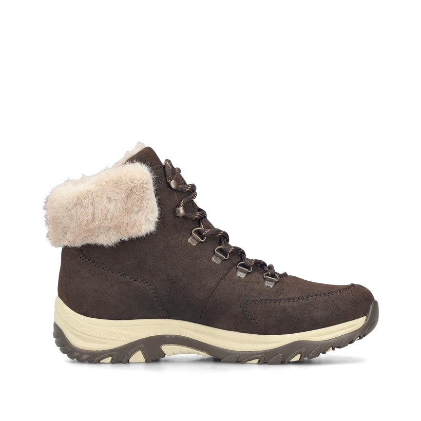 Dunkelbraun-beige Rieker Damen Schnürstiefel M9610-25 mit weichem Kragen. Schuh Innenseite.