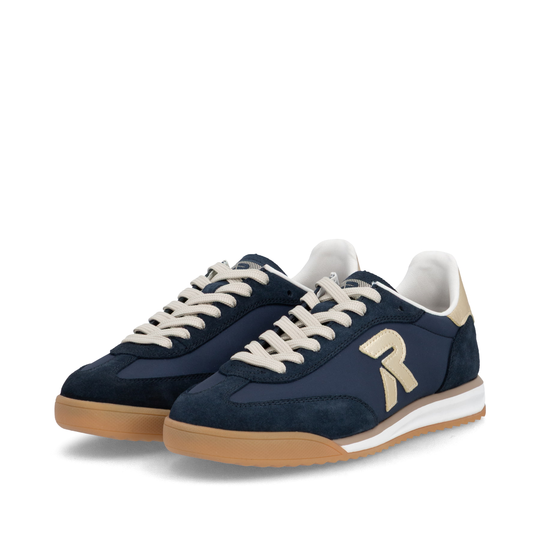 Blaue Rieker Sport Damen Sneaker Low W4000-15. Schuhpaar seitlich schräg.