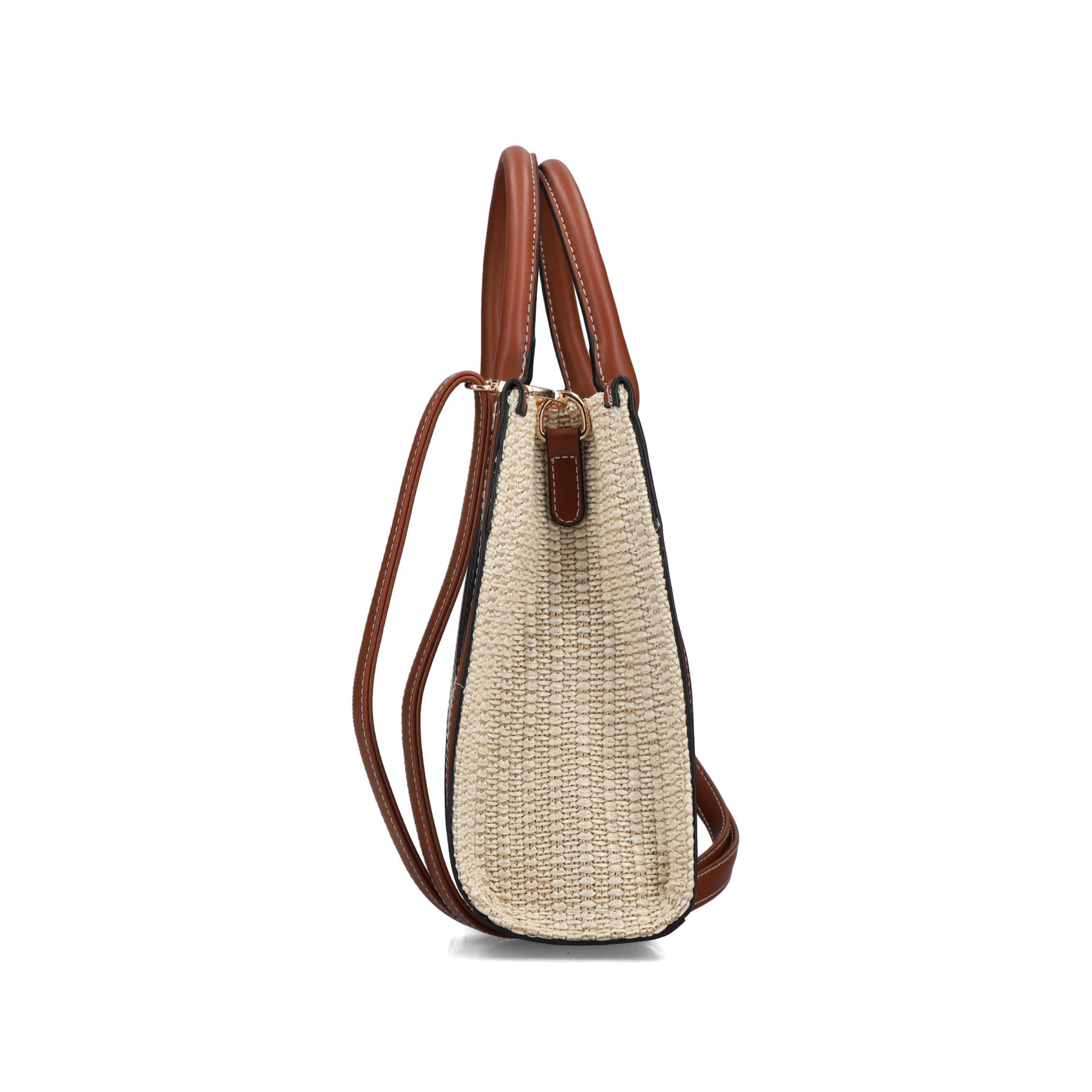 Sac à main Rieker H1013-60 beige avec aspect raphia et fermeture éclair. Ouvert.