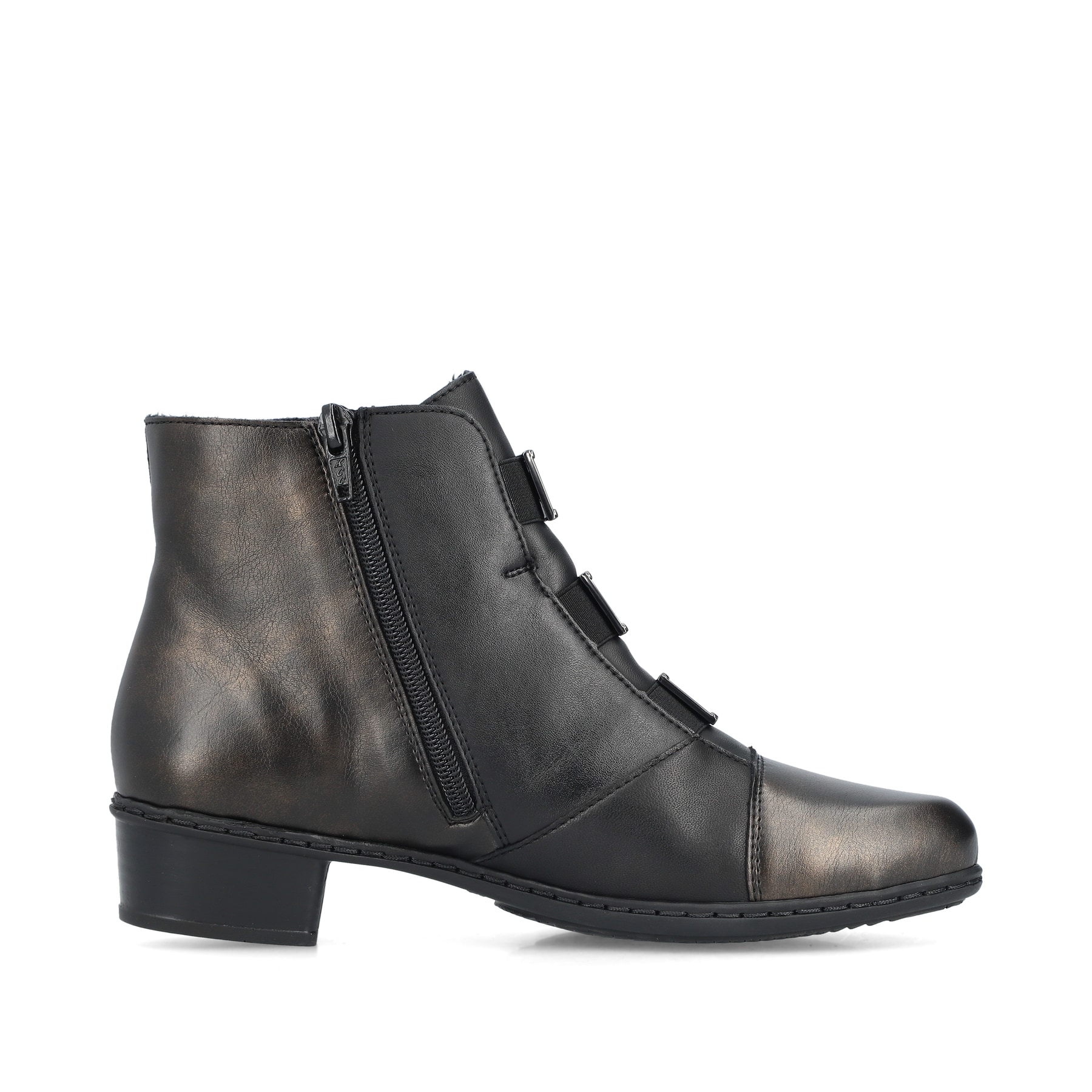 Schwarze Rieker Damen Stiefeletten Y0764-00 mit Leo-Print sowie Reißverschluss. Schuh Innenseite.