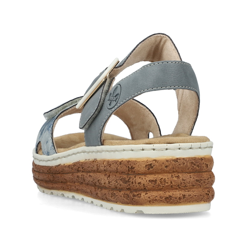 Blaue Rieker Keilsandaletten 62760-12 mit trendigen Schnalle. Schuh von hinten.
