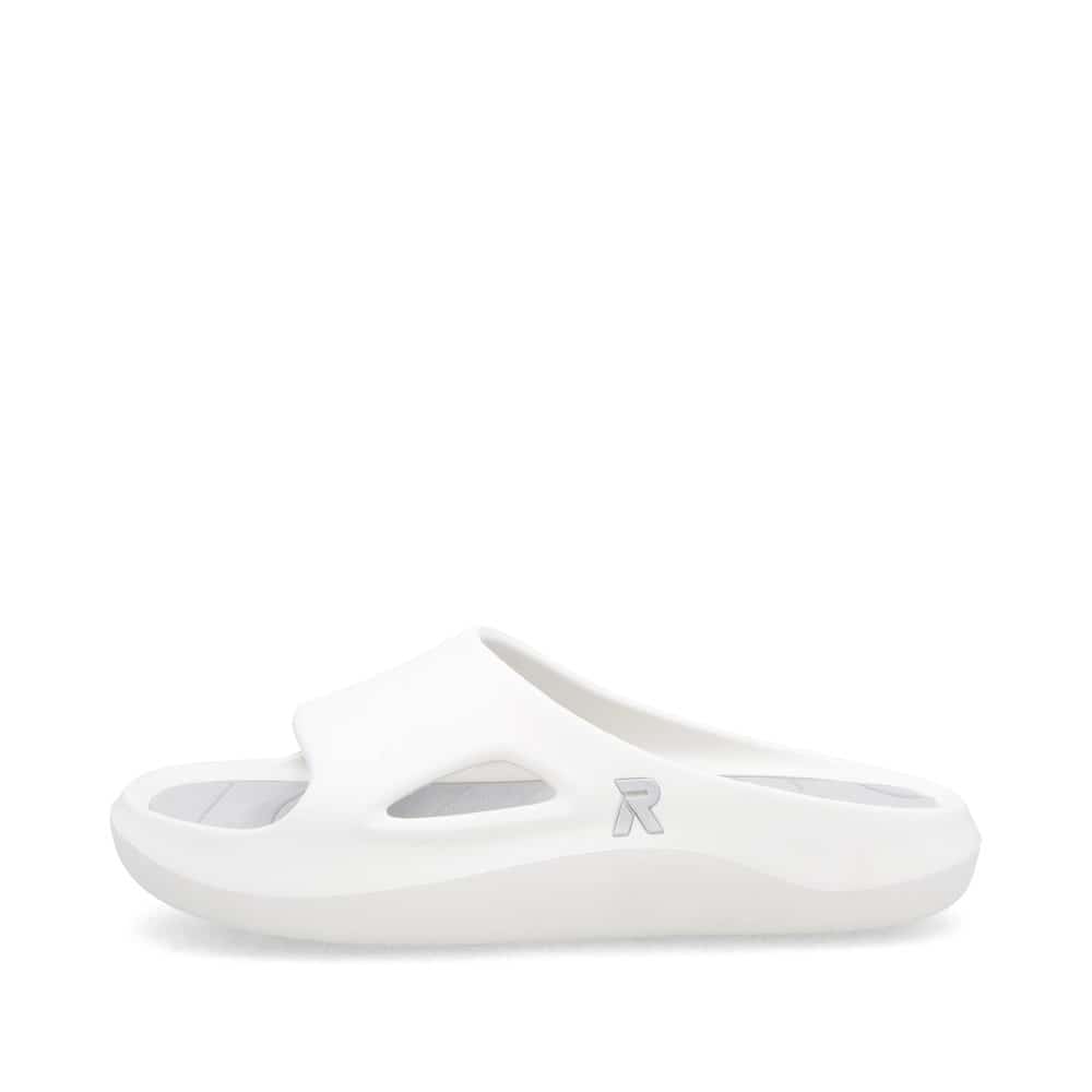 Mules Rieker blanches pour femme W3450-80 avec semelle ultra légère. Côté extérieur de la chaussure.