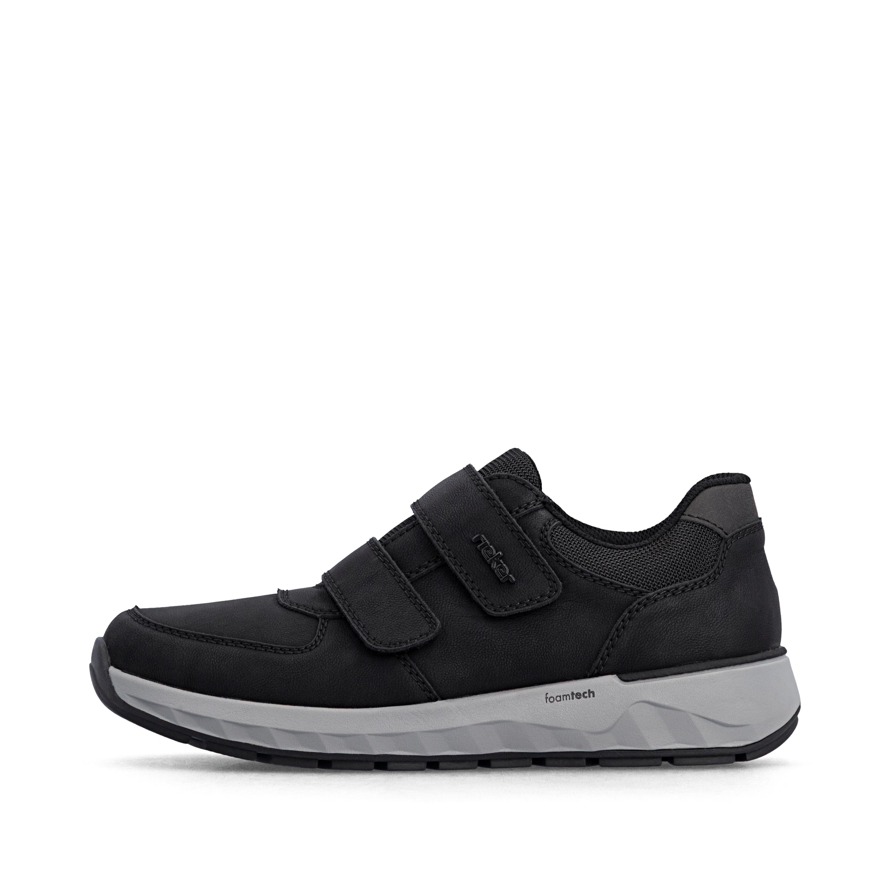 Schwarze Rieker Herren Slipper 11552-00 aus Glattleder mit einem Klettverschluss. Schuh Außenseite.