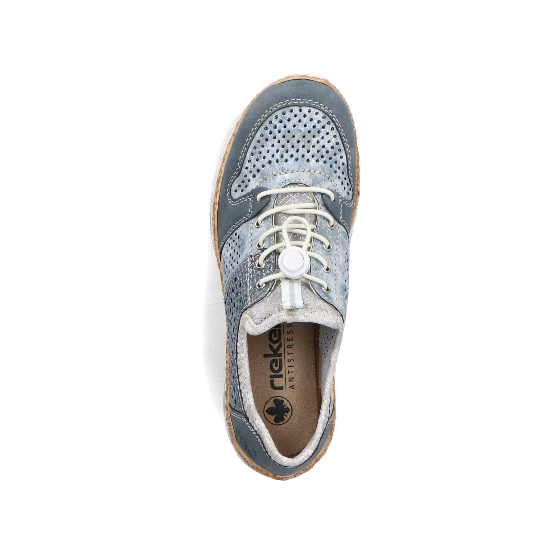 Blaue Rieker Damen Slipper N4255-12 mit einem Gummizug. Schuh von oben.