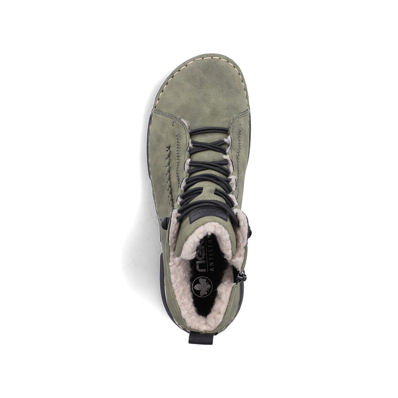 Khaki-schwarze Rieker Damen Schnürstiefel 45912-54 mit markanter Anflechter-Naht. Schuh von oben.