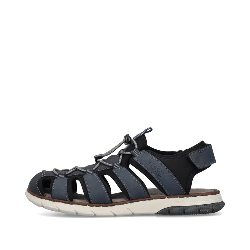 Stahlblaue Rieker Herren Trekkingsandalen 25246-14 mit einem Klettverschluss. Schuh Außenseite.