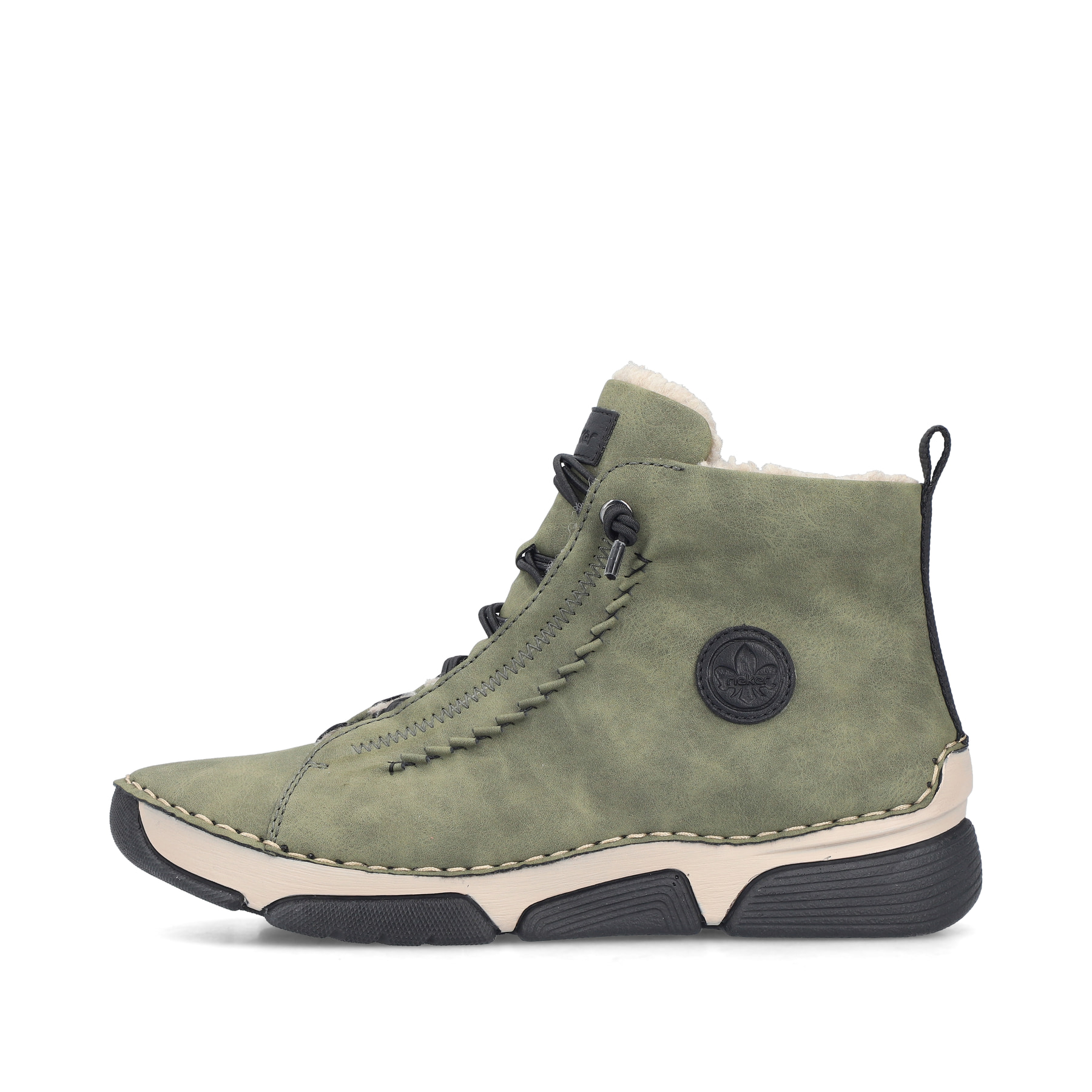 Khaki-schwarze Rieker Damen Schnürstiefel 45912-54 mit markanter Anflechter-Naht. Schuh Außenseite.