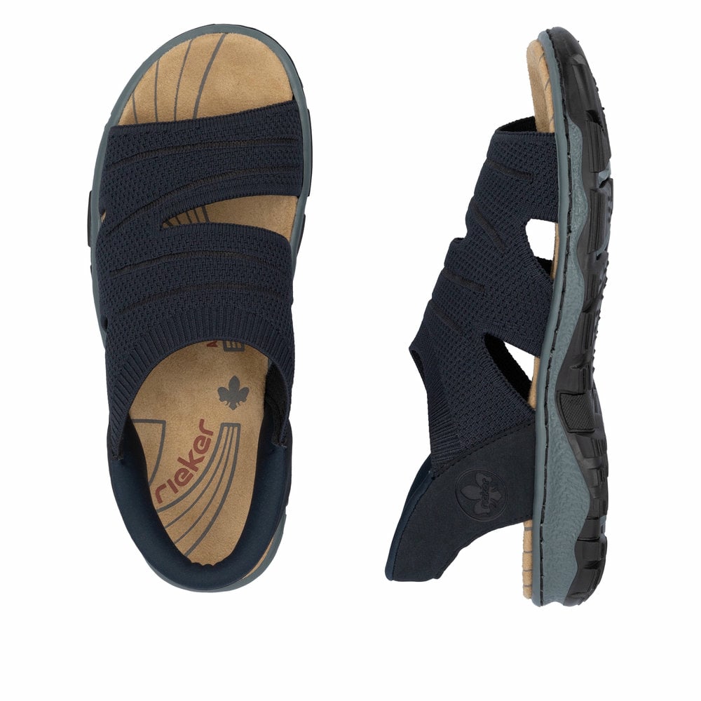 Blaue vegane Rieker Damen Trekkingsandalen 68895-14 mit Ready2GO Slip-in Feature. Schuh von oben, liegend.
