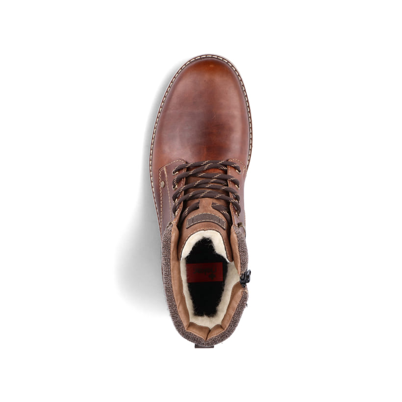 Kastanienbraune Rieker Herren Schnürstiefel F3641-23 mit einer robusten Profilsohle. Schuh von oben