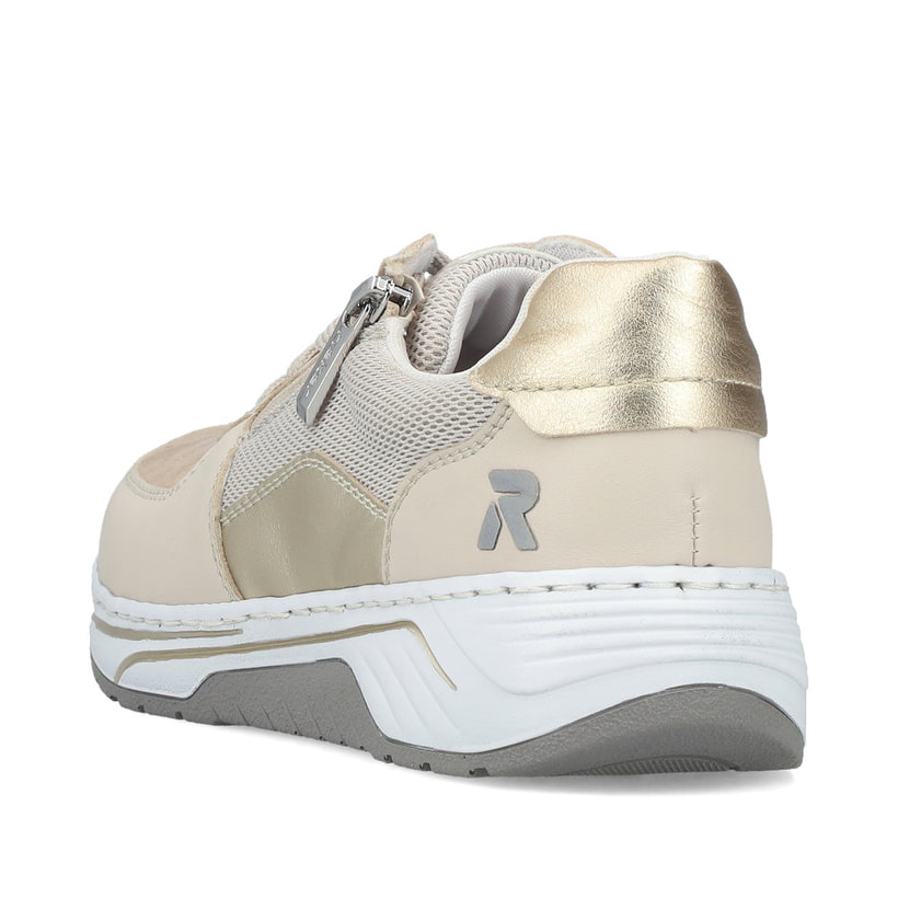 Beige Rieker Damen Sneaker Low 53101-60 mit Reißverschluss sowie Extraweite H. Schuh von hinten.