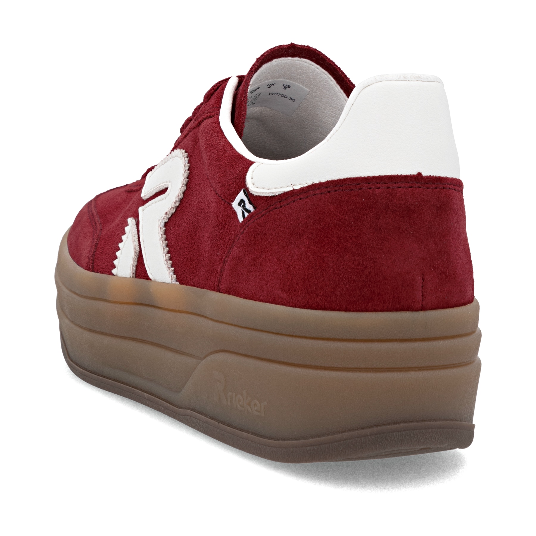 Baskets basses Rieker rouges pour femme W3700-35 avec lacets. Chaussure vue de l'arrière.