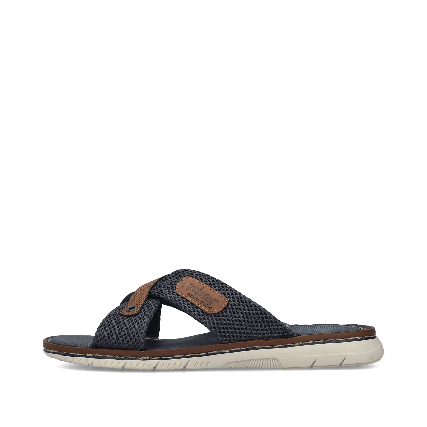 Blaue Rieker Herren Pantoletten 21340-14 mit der Komfortweite G. Schuh Außenseite.