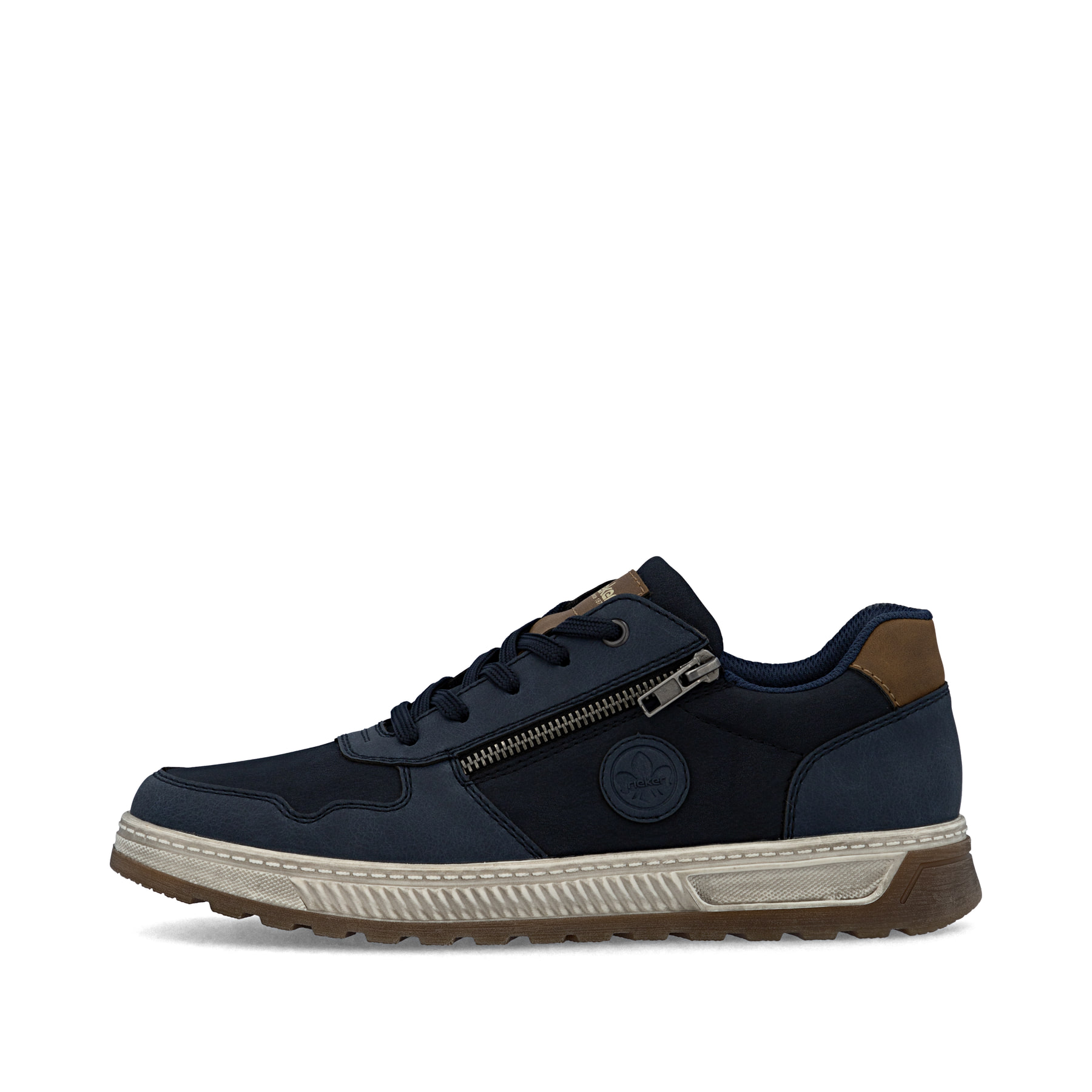 Baskets basses Rieker bleues pour homme 37029-14 avec détails marrons. Côté extérieur de la chaussure.