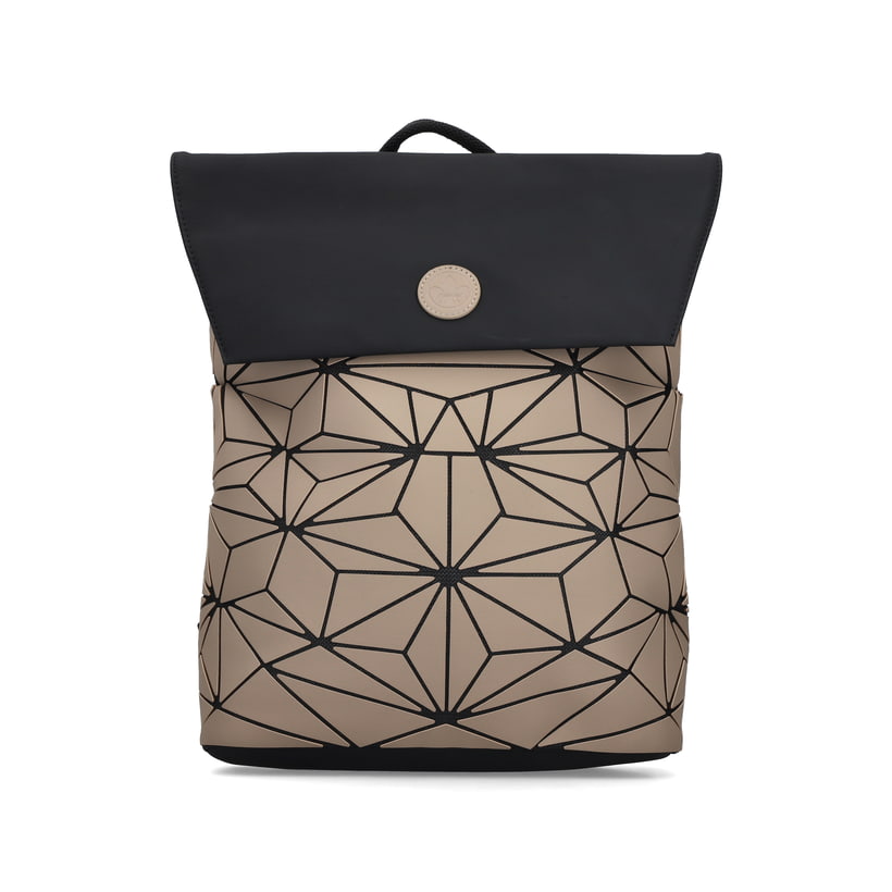 Sac à dos Rieker H1391-62 en beige avec motif stylé, finition mate, fermeture magnétique, poche pour téléphone portable et ordinateur portable. Face avant.