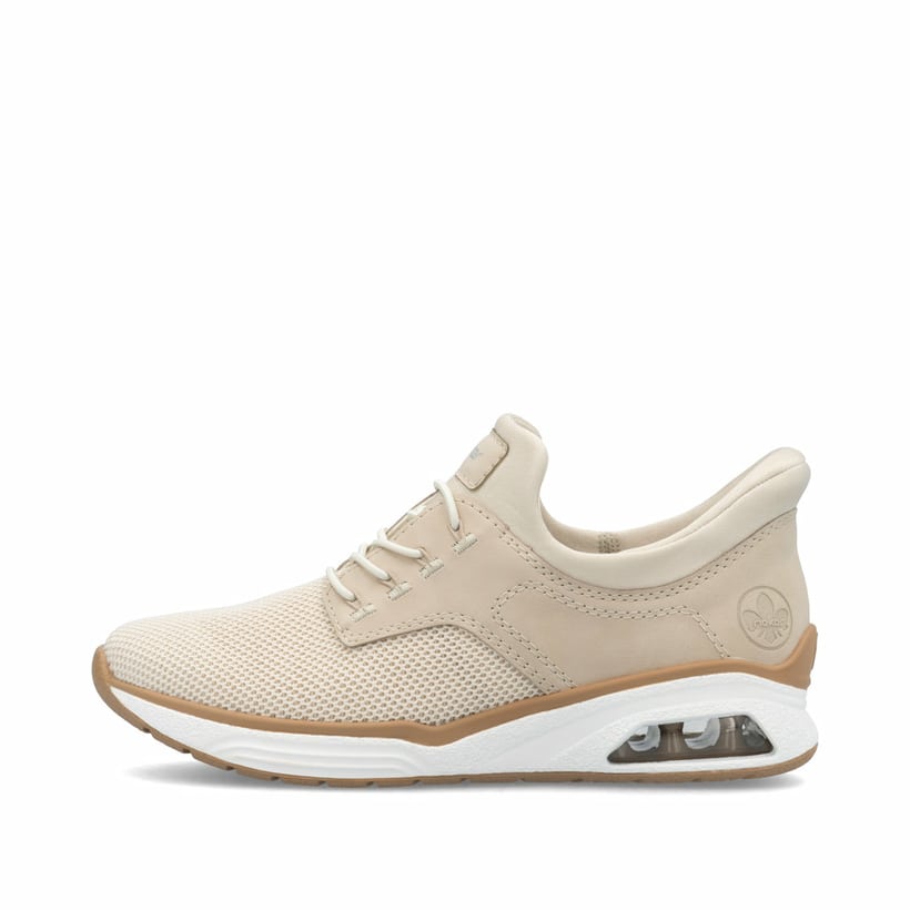 Beige Rieker Damen Slipper M5665-60 mit Rieker Air Sohlenfenster. Schuh Außenseite.