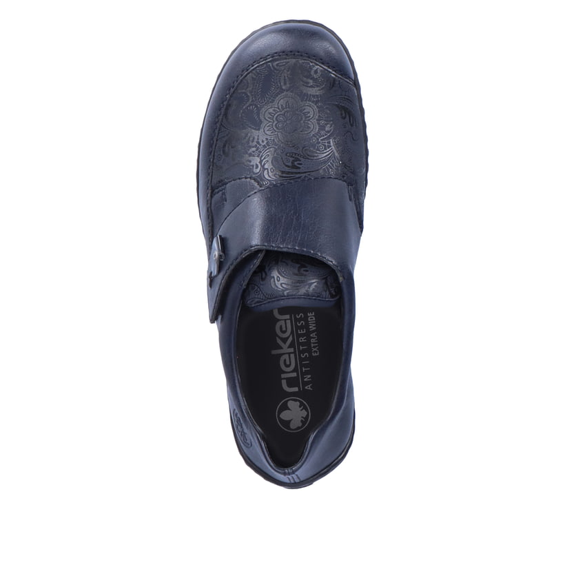 Mocassins Rieker bleus pour femmes 48951-14 avec fermeture velcro. Chaussure vue de dessus.