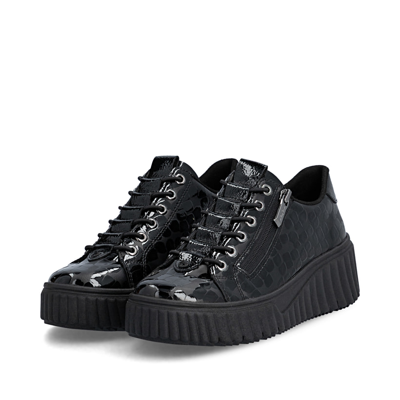 Schwarze Rieker Damen Sneaker Low N2555-02 mit einem Reißverschluss. Schuhpaar seitlich schräg.