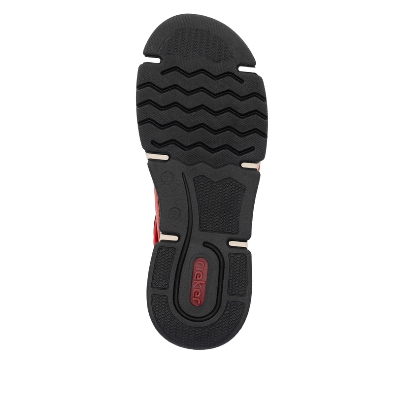 Rot-schwarze Rieker Damen Kurzstiefel 45983-33 mit einem Reißverschluss. Schuh Laufsohle.