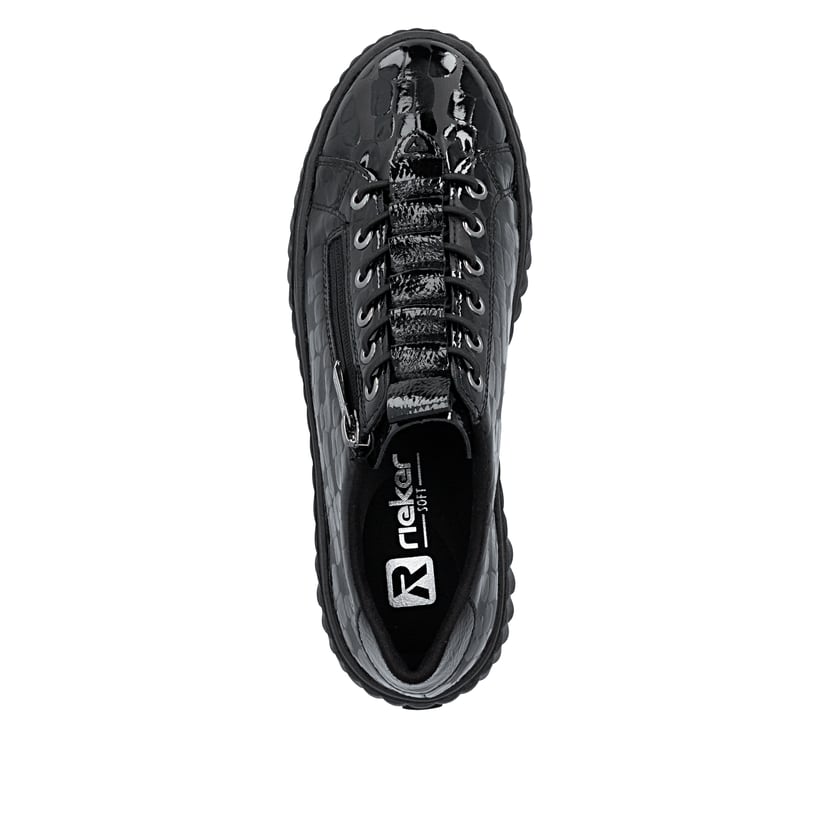 Schwarze Rieker Damen Sneaker Low N2555-02 mit einem Reißverschluss. Schuh von oben.
