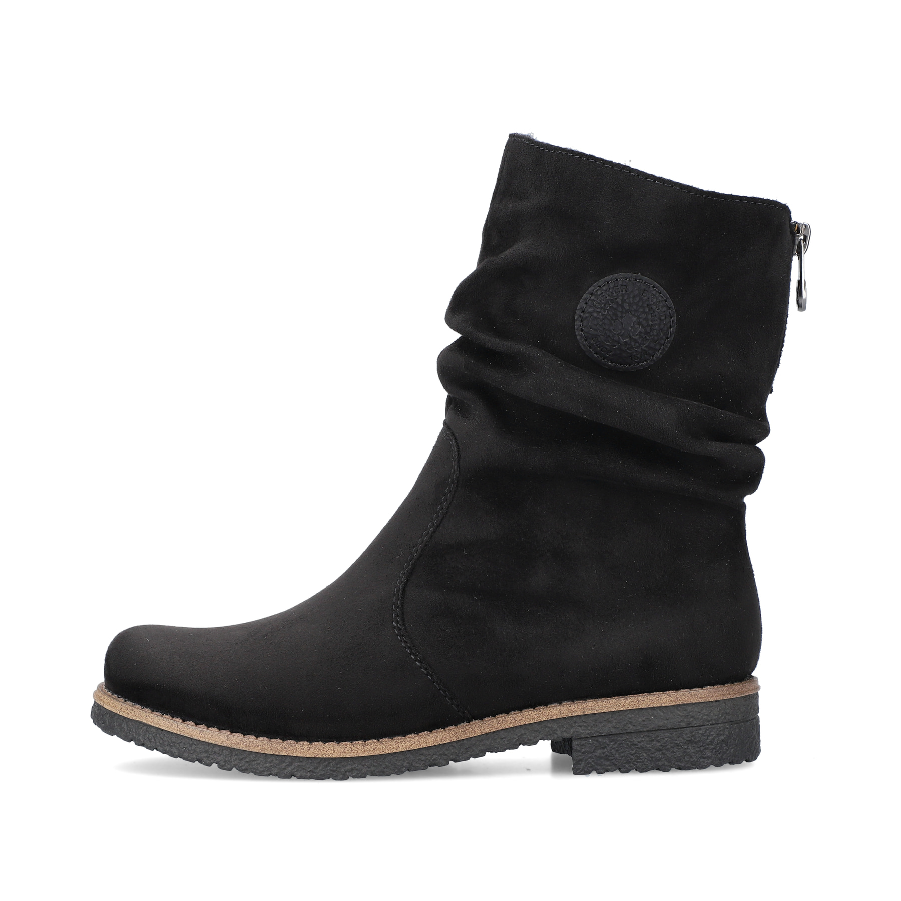 Graphitschwarze Rieker Damen Kurzstiefel 73560-00 mit einer robusten Profilsohle. Schuh Außenseite