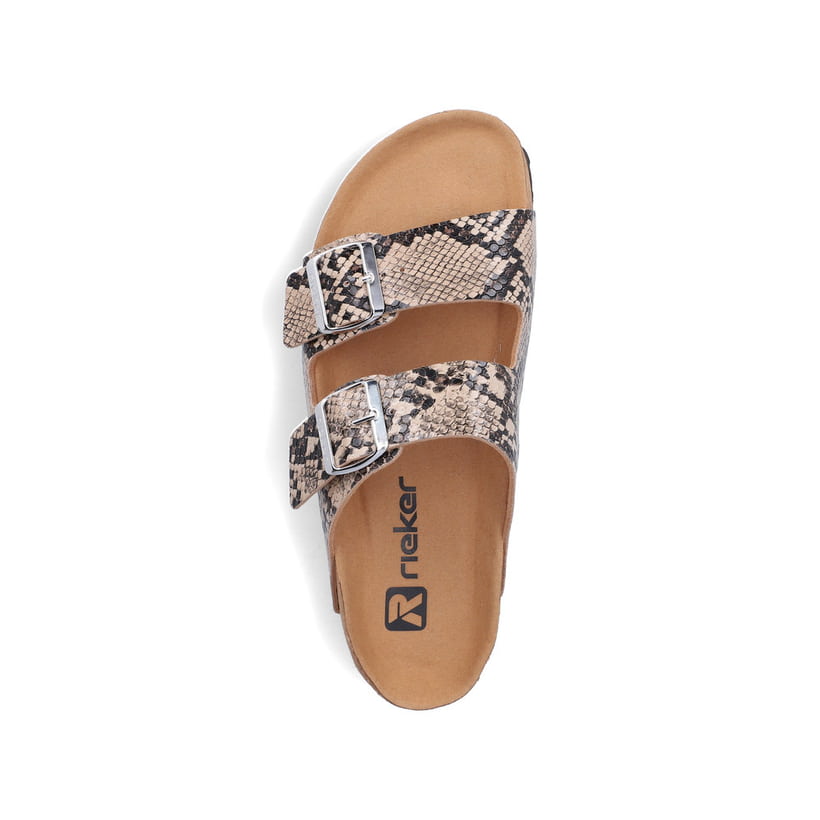 Beige vegane Rieker Damen Pantoletten V6391-20 mit angesagtem Animal-Print. Schuh von oben.