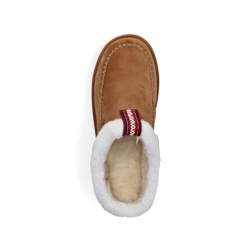 Hellbraune Rieker Damen Clogs 99890-24 mit Fellschaftrand sowie Komfortweite G. Schuh von oben.