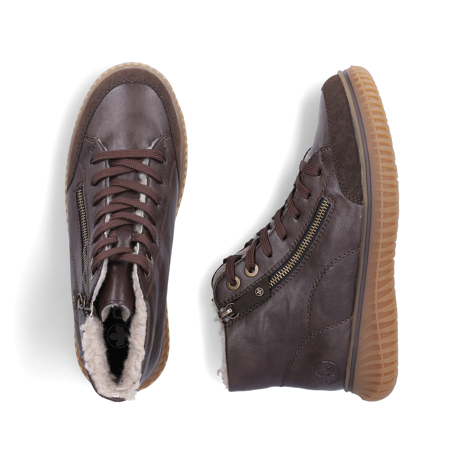 Dunkelbraune Rieker Damen Schnürstiefel 74234-25 mit modernen Ziernähten. Schuh von oben, liegend.