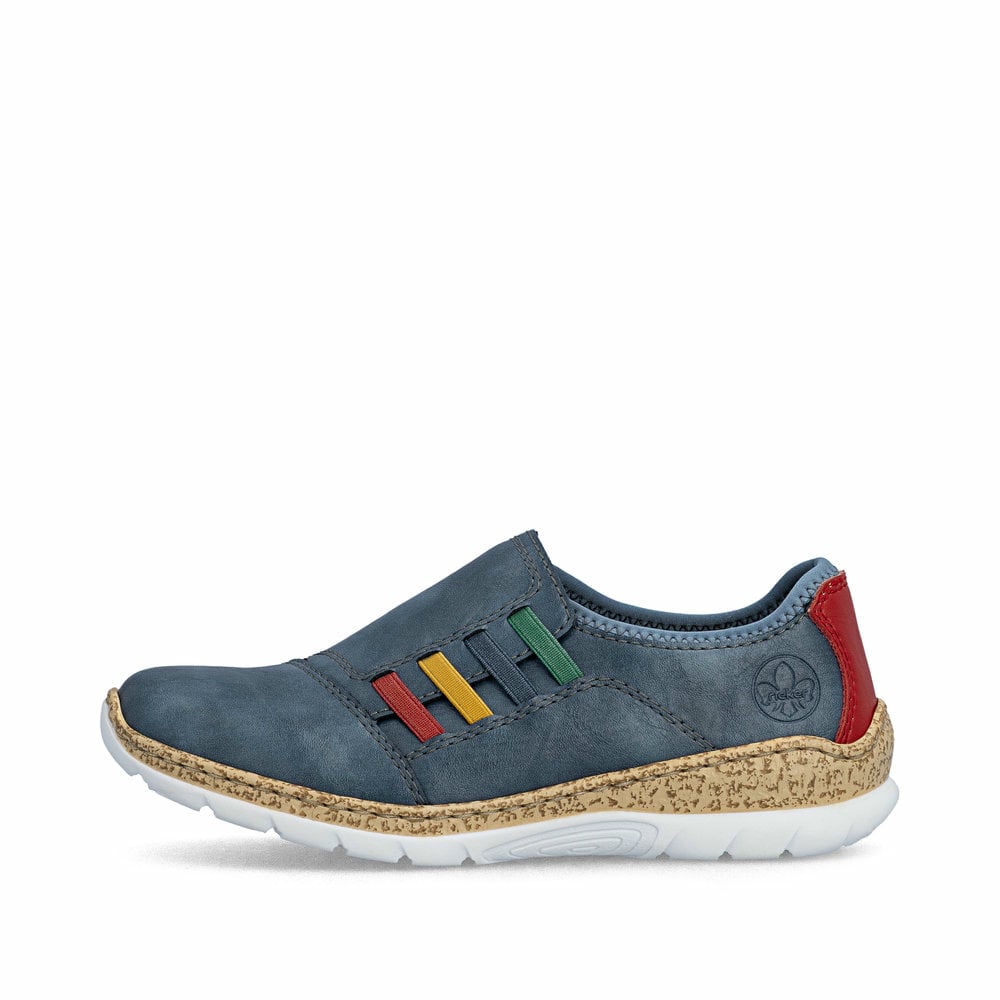 Blaue Rieker Damen Slipper N4264-14 mit einem Gummizug. Schuh Außenseite.
