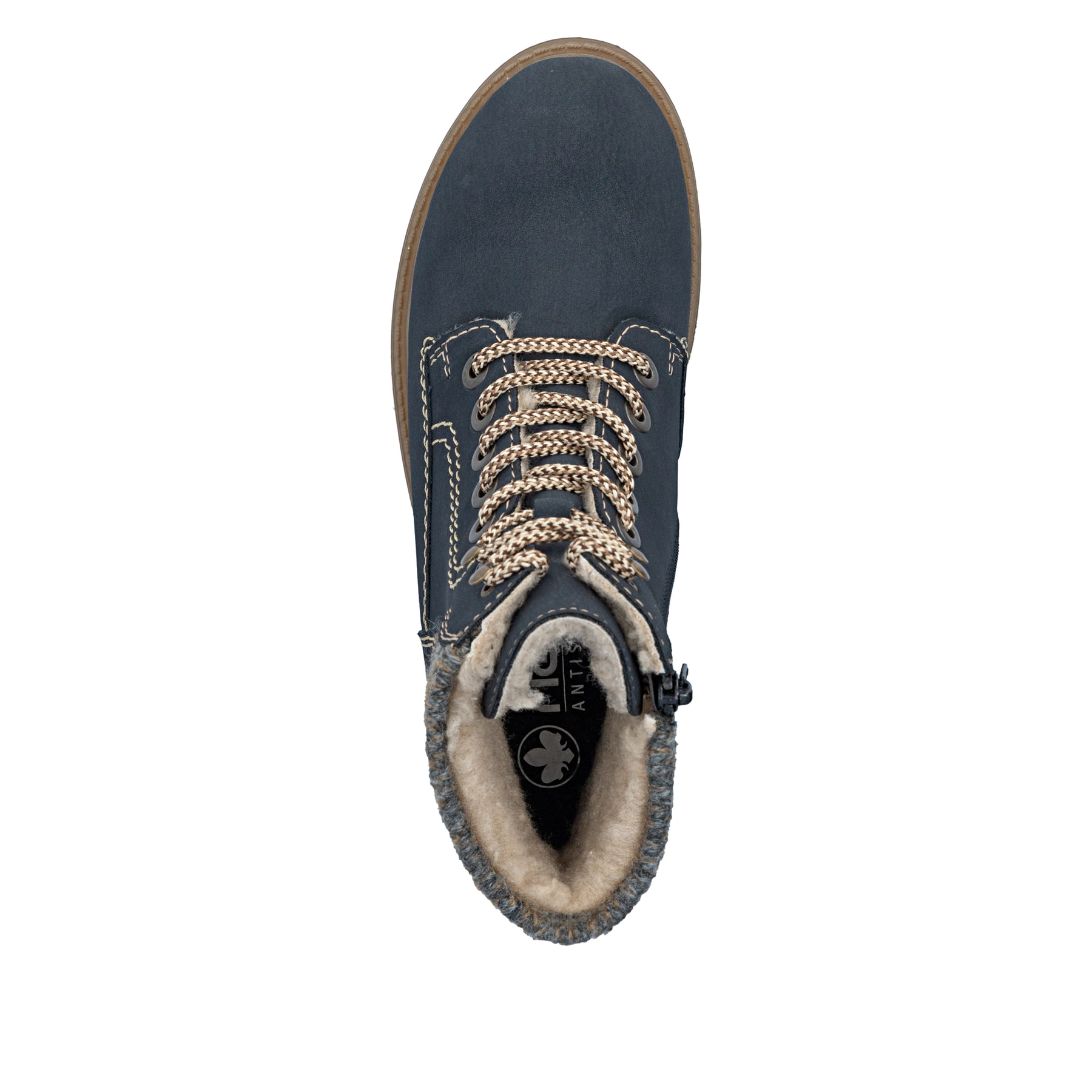 Dunkelblaue Rieker Damen Biker Boots 73220-14 mit wasserabweisender TEX-Membran. Schuh von oben.