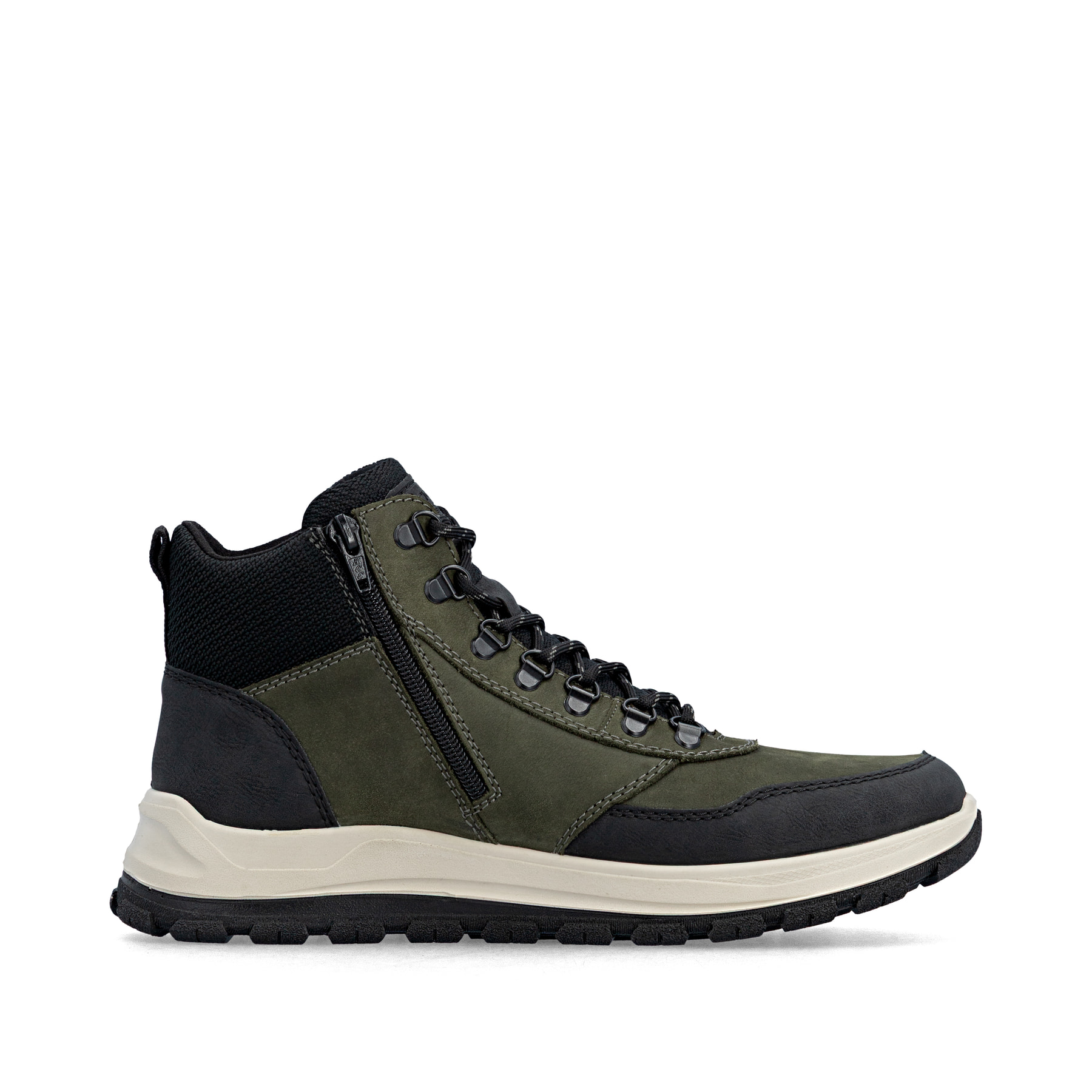 Dunkelgrün-schwarze Rieker Herren Schnürstiefel B8124-54 mit Reißverschluss. Schuh Innenseite.