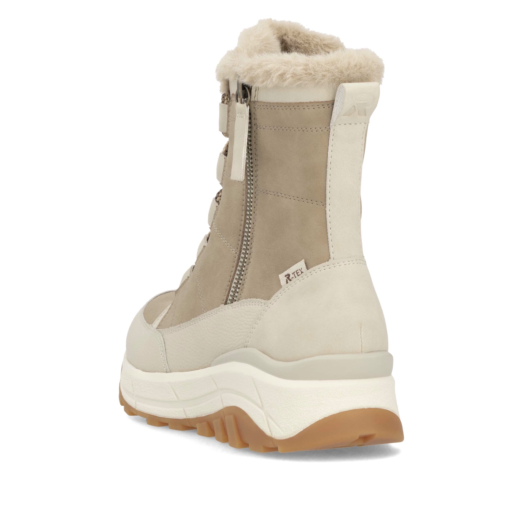 Beige Rieker Damen Schnürstiefel W0071-20 mit wasserabweisender TEX-Membran. Schuh von hinten.