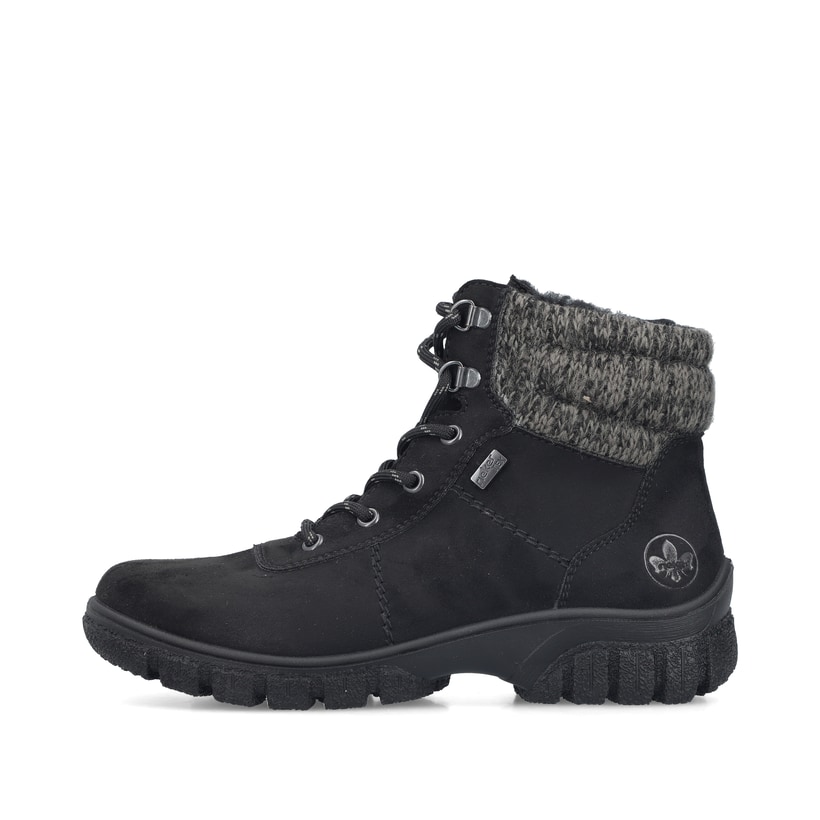 Schwarze Rieker Damen Schnürstiefel Z7220-00 mit wasserabweisender TEX-Membran. Schuh Außenseite.