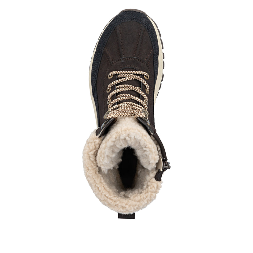 Dunkelbraun-beige Rieker Damen Schnürstiefel Z3901-25 mit dem Glacier Grip. Schuh von oben.