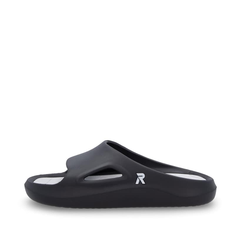 Schwarze Rieker Damen Pantoletten W3450-00 mit flexibler und ultraleichter Sohle. Schuh Außenseite.