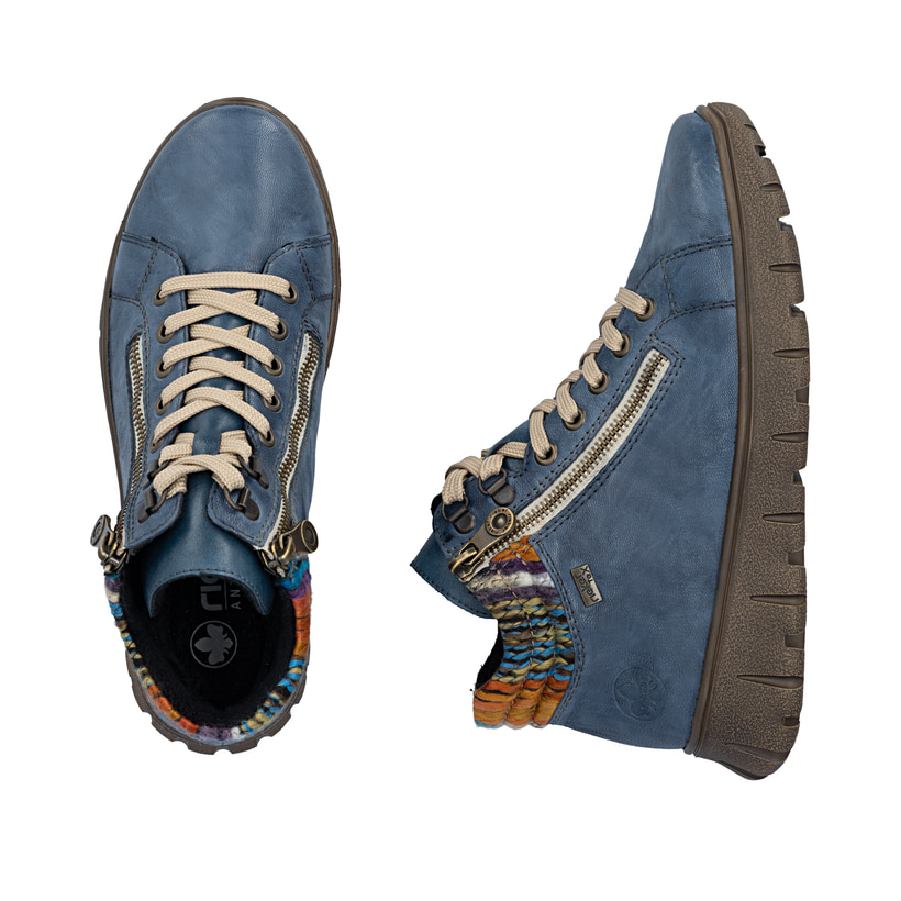 Blaue Rieker Damen Schnürstiefel N1305-14 aus Glattleder. Schuh von oben, liegend.