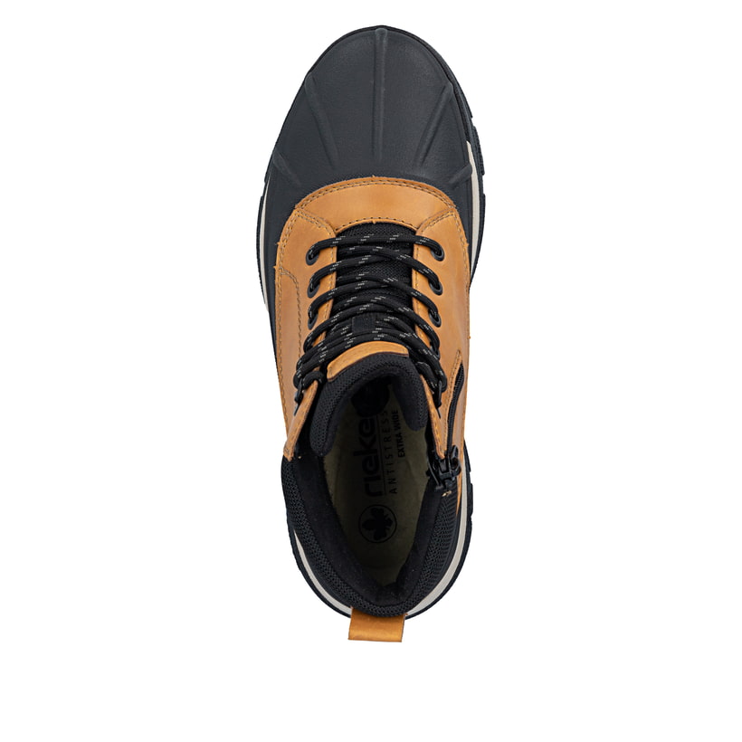 Schwarz-ockerfarbene Rieker Herren Schnürstiefel 30302-20 mit dem Glacier Grip. Schuh von oben.