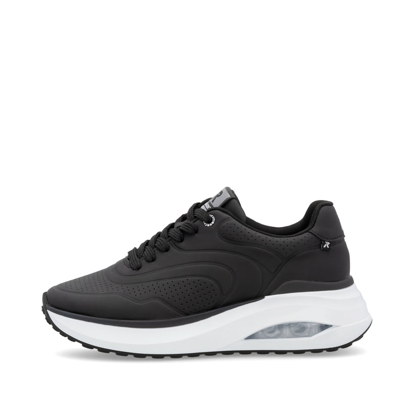 Schwarze vegane Rieker Damen Sneaker Low W2700-00 mit einer Schnürung. Schuh Außenseite.