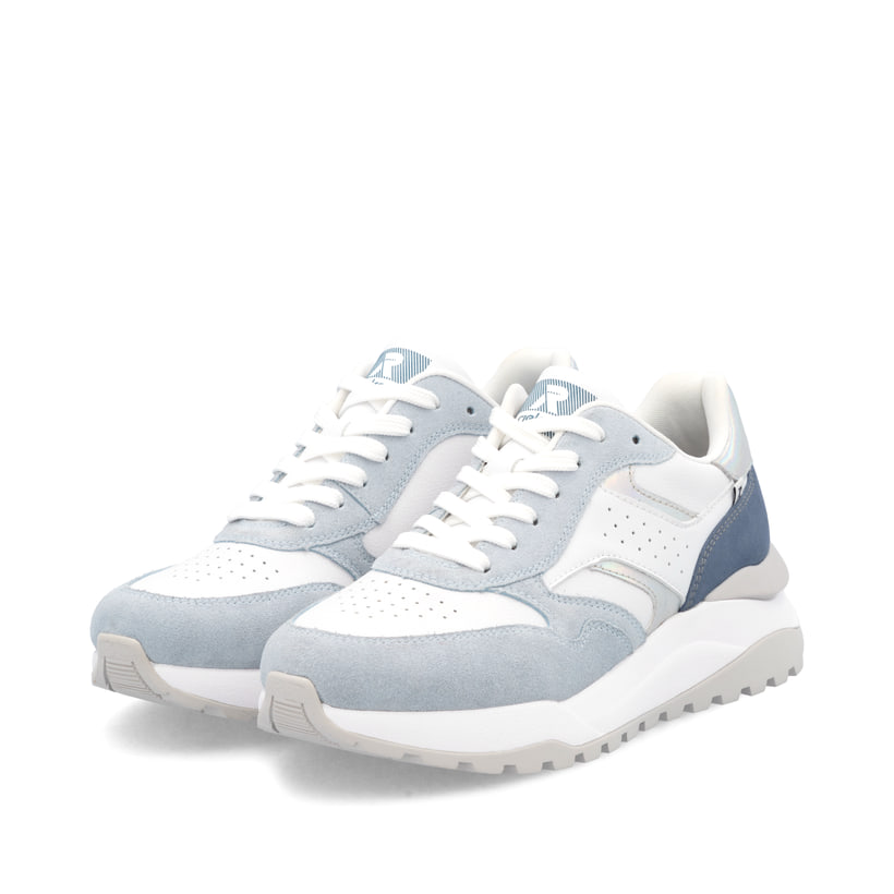 Baskets basses Rieker blanches pour femme W2500-80 avec lacets. Chaussures inclinées sur le côté.