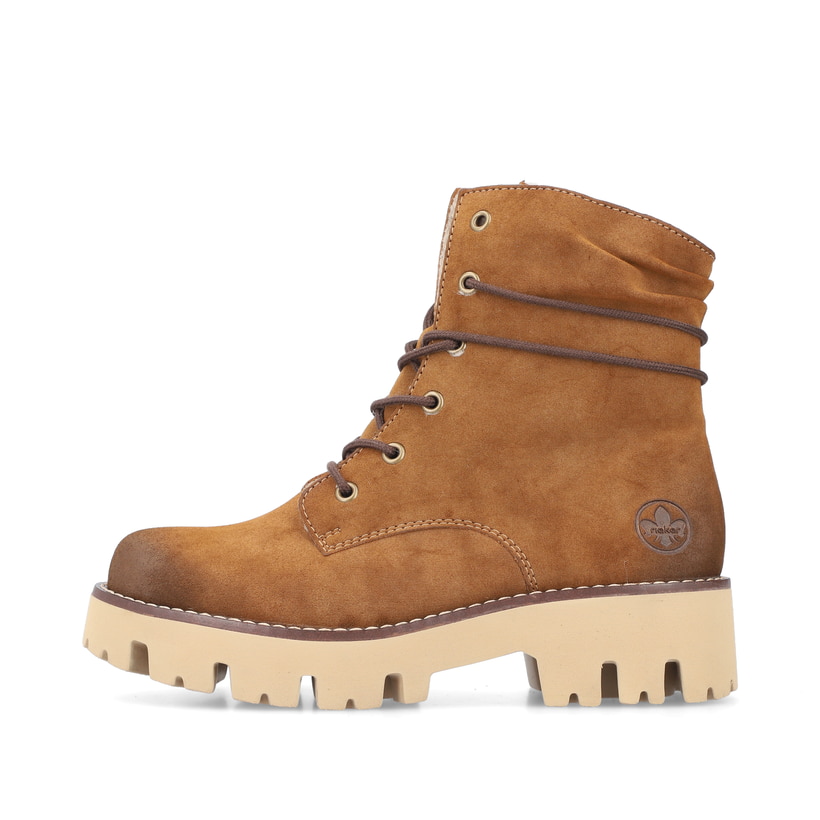 Kamelbraune Rieker Damen Schnürstiefel Y3329-24 mit einem Reißverschluss. Schuh Außenseite.