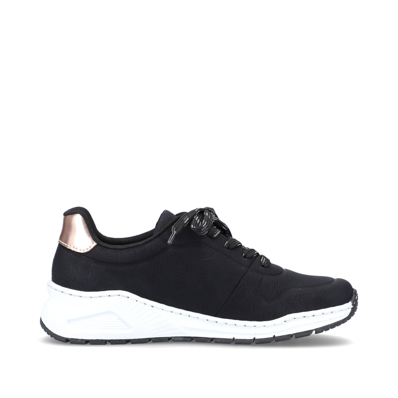 Schwarze Rieker Damen Sneaker Low M4903-01 mit Schnürung sowie der Extraweite H. Schuh Innenseite.