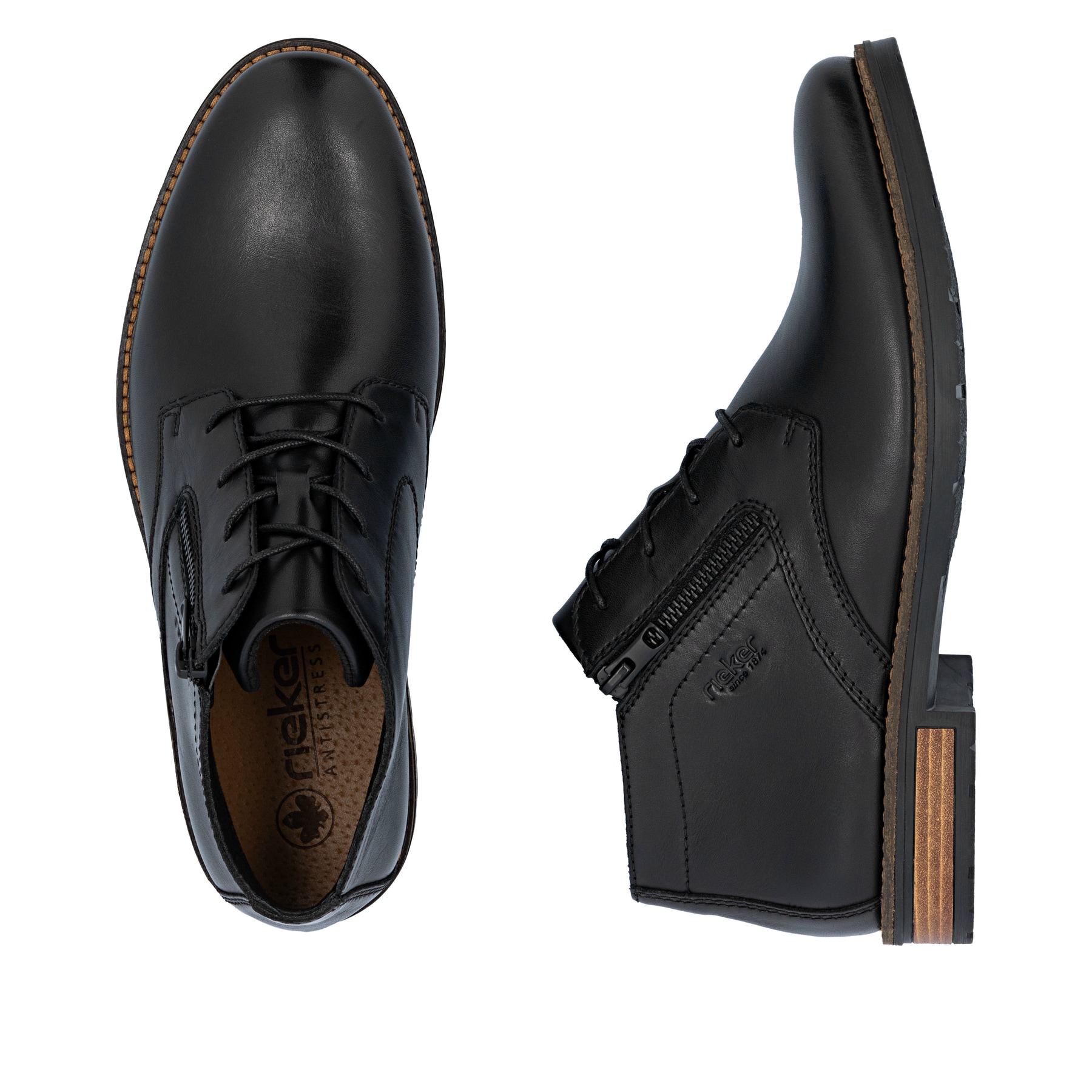 Schwarze Rieker Herren Kurzstiefel 14609-00 aus Glattleder mit Reißverschluss. Schuh von oben, liegend.