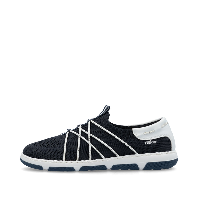Blaue Rieker Damen Slipper 42450-14 mit einem Gummizug sowie der Extraweite H. Schuh Außenseite.