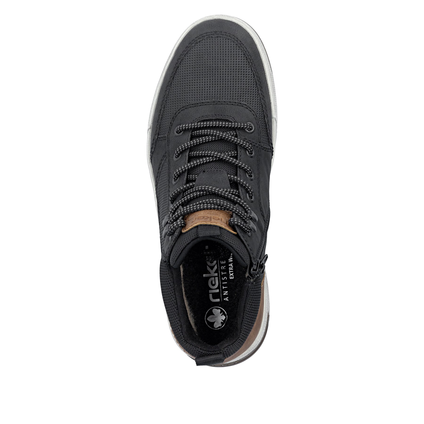 Schwarz-braune Rieker Herren Sneaker High 36020-00 mit einem Reißverschluss. Schuh von oben.