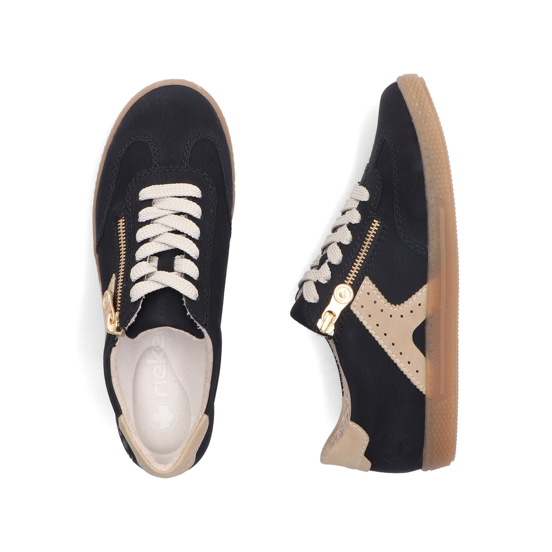Schwarze Rieker Damen Sneaker Low L9700-00 mit einem Reißverschluss. Schuh von oben, liegend.