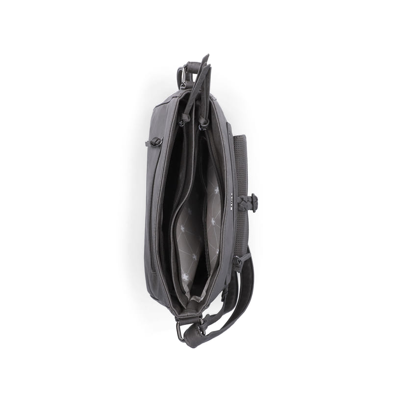 Sac à main Rieker H1340-42 en gris avec sangle décorative tressée, fermeture éclair et poche pour téléphone portable. Ouvert.