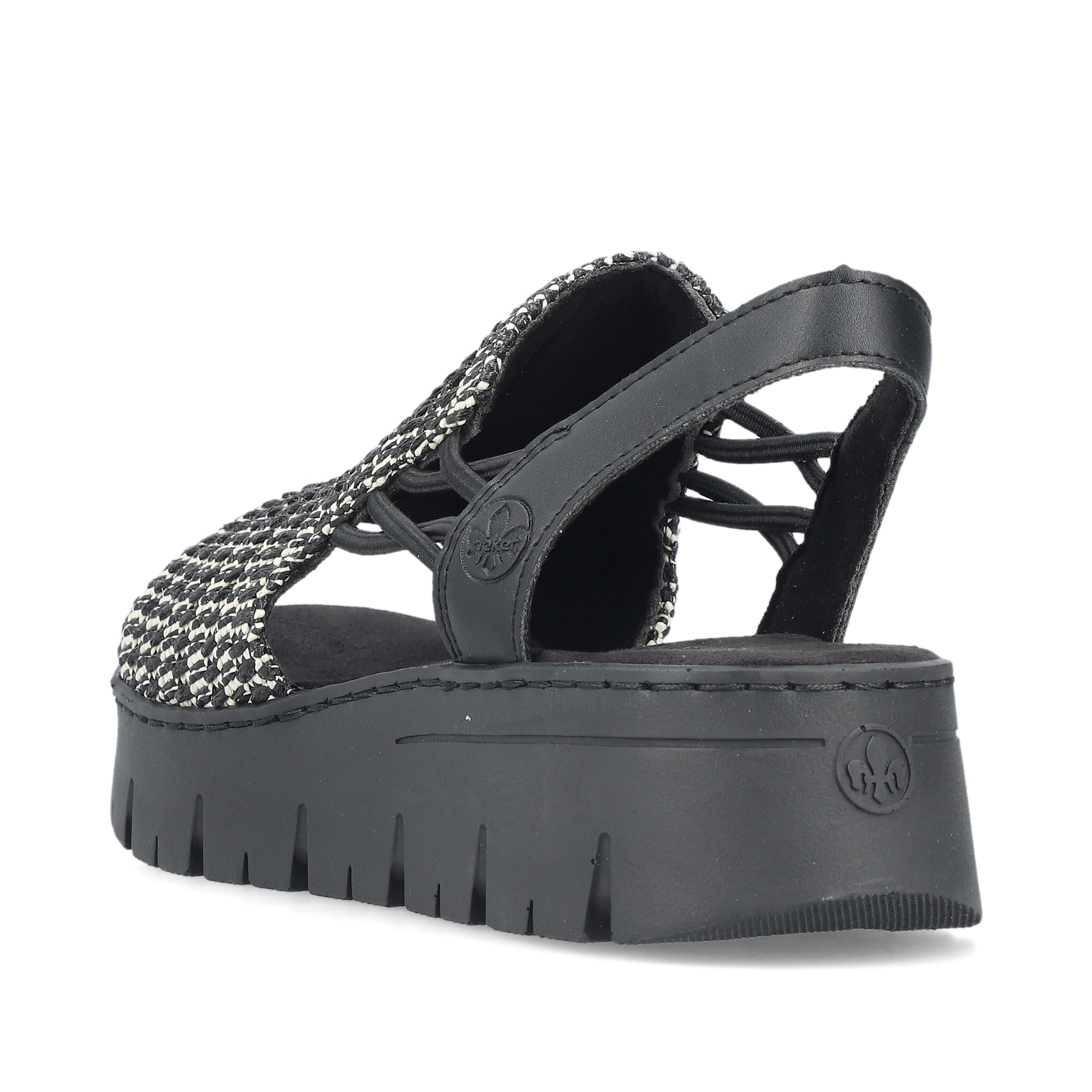 Sandales compensées Rieker noires femme V1051-00 avec bande élastique. Chaussure vue de l'arrière.
