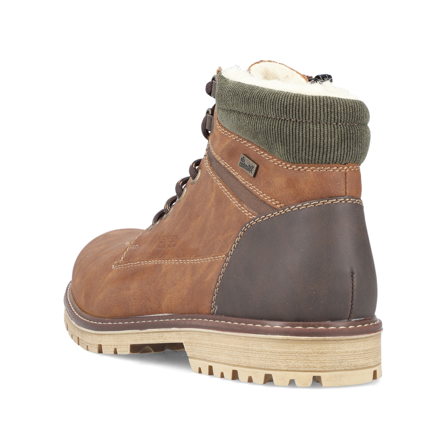 Braune Rieker Herren Schnürstiefel F3611-25 mit wasserabweisender TEX-Membran. Schuh von hinten.