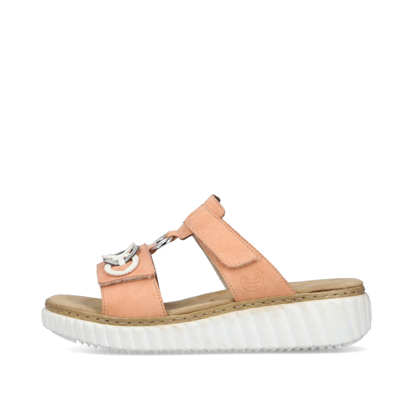 Orangene Rieker Damen Pantoletten 63294-38 mit einem Klettverschluss. Schuh Außenseite.
